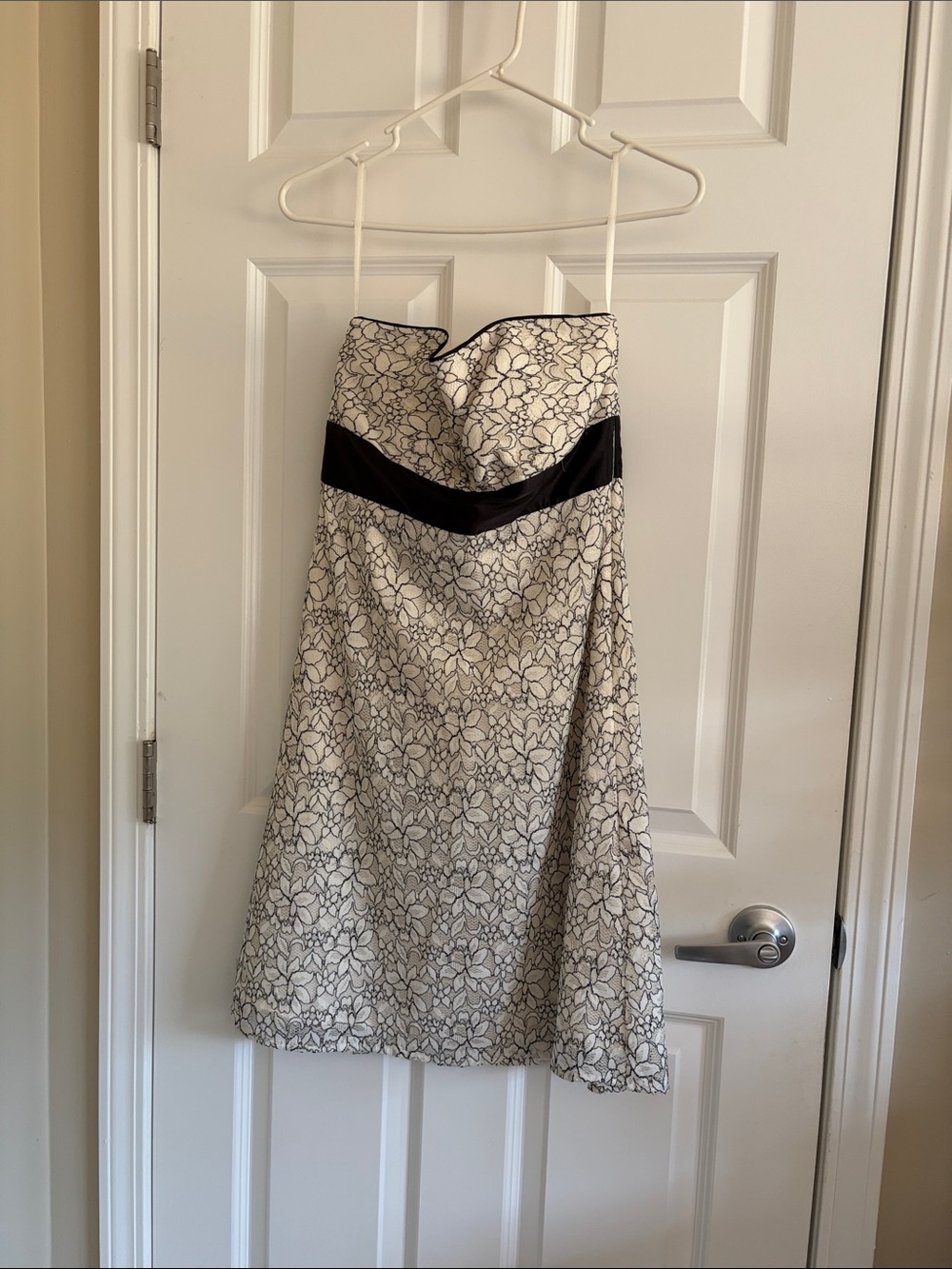 Strapless Floral Lace A-Line Dress in Ivory and Black